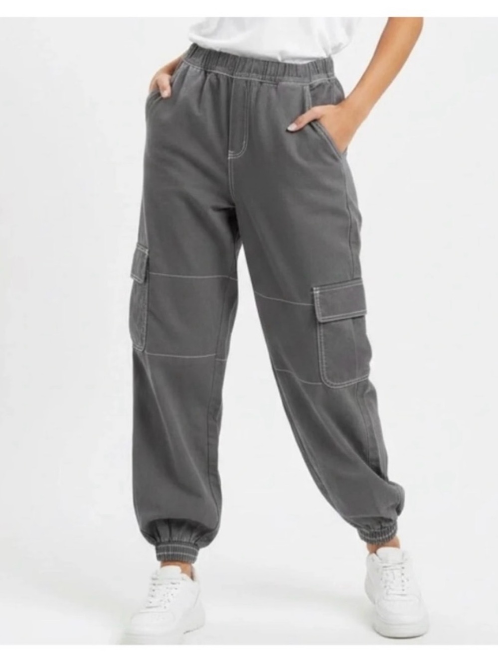 Rachel Paige Cargo Joggers Womens XL Gray Parachute Pants Contrast Stitch 33x28